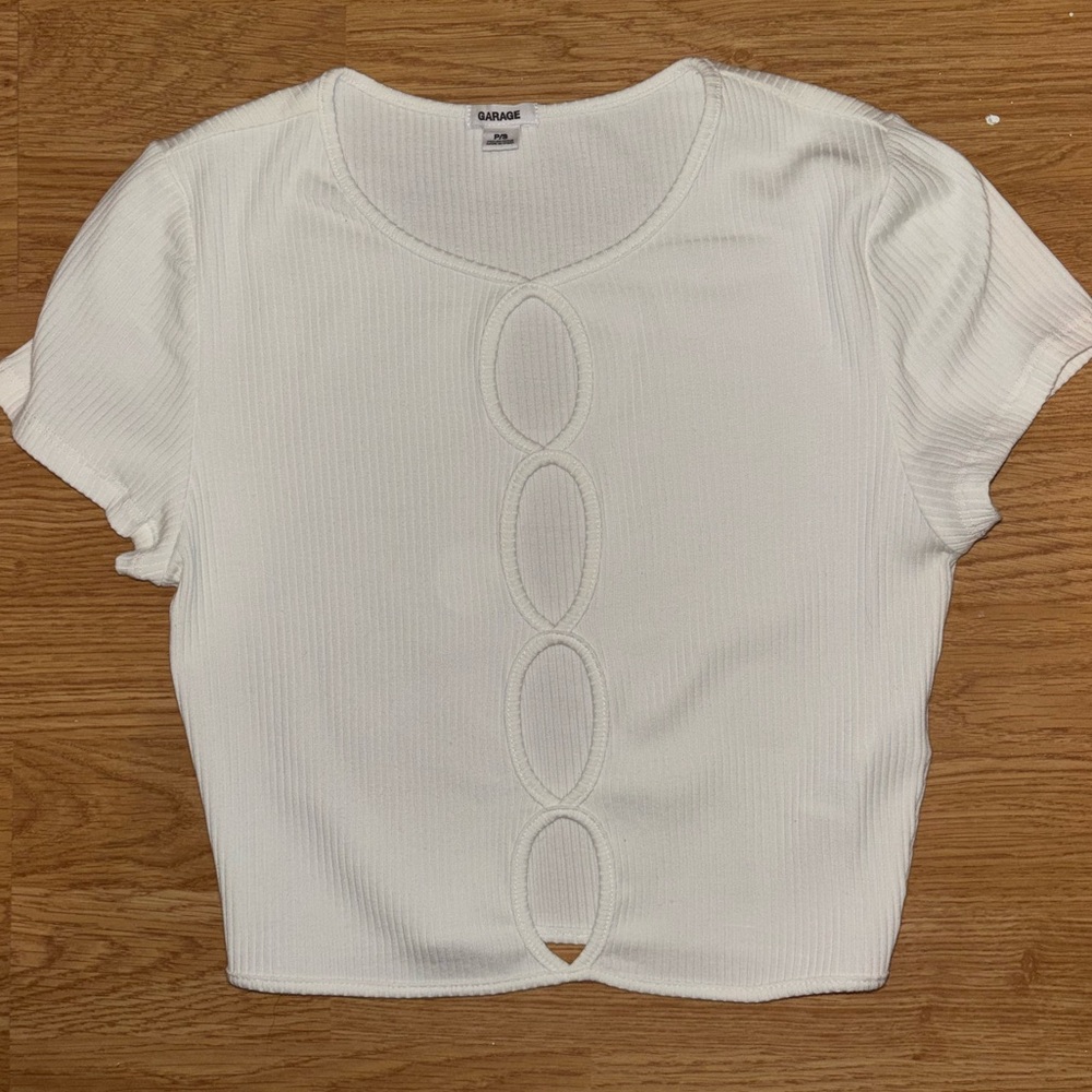 Garage White Cut-Out Ribbed Short Sleeve Top